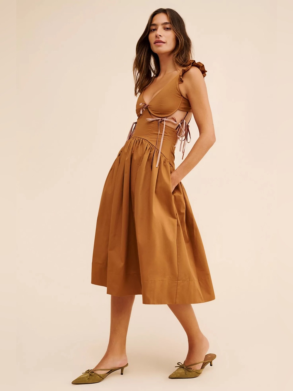 Allina Liu Brown Pearl Bow Midi Dress Romantic Coquette Wedding Guest